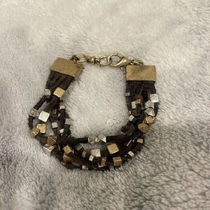 Multi studded leather wrap hammered metal bracelet
